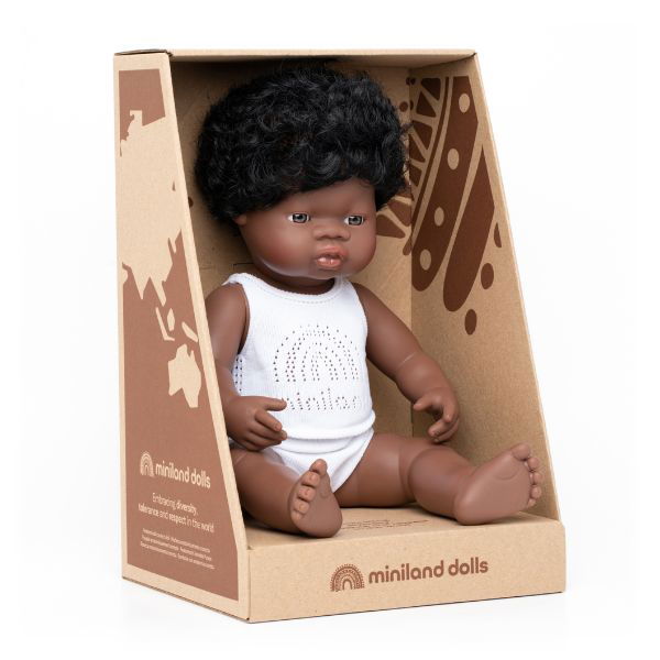 Miniland 38cm Anatomically Correct African Doll Boxed Alex and Moo