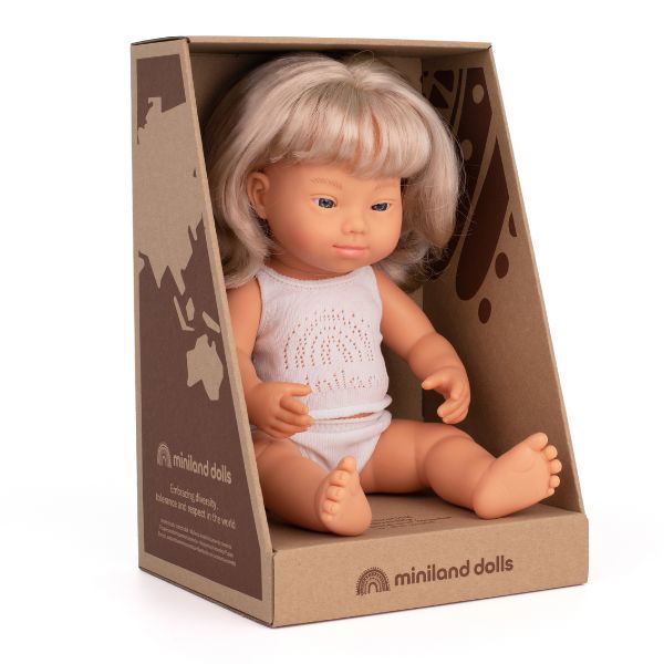 Miniland | 38cm Anatomically Correct Caucasian Blond Doll with Down Syndrome - Boxed - Alex and Moo