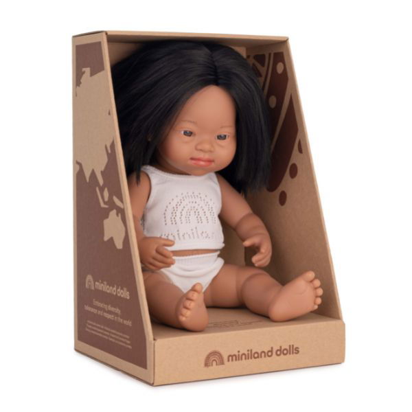 Miniland | 38cm Anatomically Correct Latin American Doll with Down Syndrome - Boxed - Alex and Moo