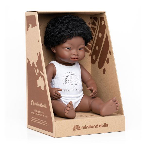 Miniland | 38cm Anatomically Correct African Boy with Down Syndrome - Boxed - Alex and Moo