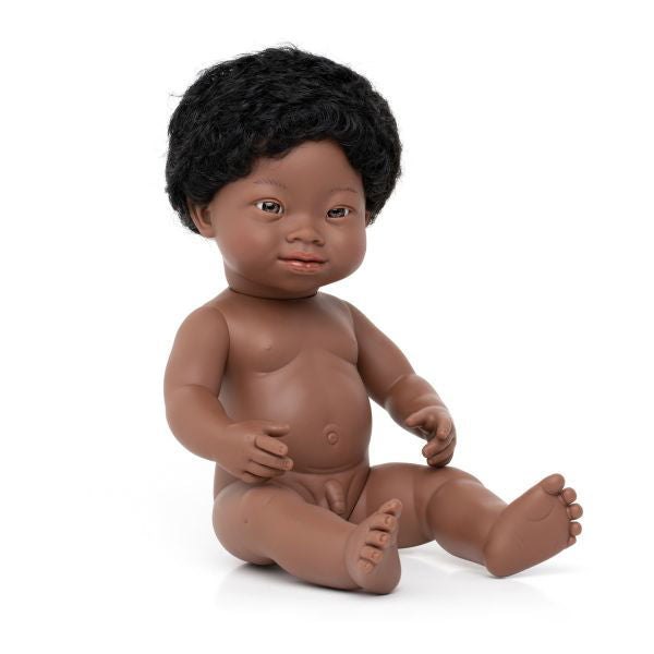 Miniland | 38cm Anatomically Correct African Boy with Down Syndrome - Boxed - Alex and Moo