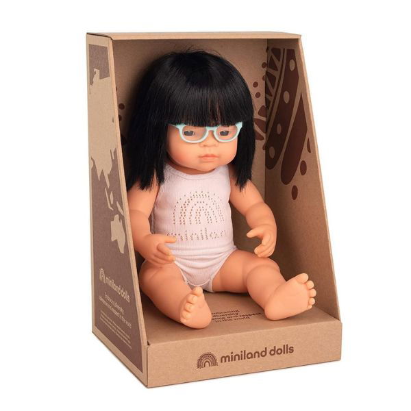 Miniland | 38cm Anatomically Correct Asian Doll with Glasses - Boxed - Alex and Moo