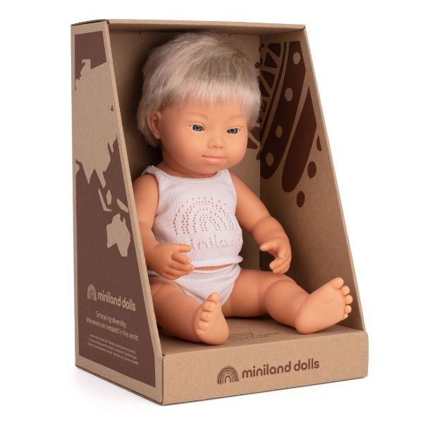 Miniland | 38cm Anatomically Correct Caucasian Blond Doll with Down Syndrome - Boxed - Alex and Moo