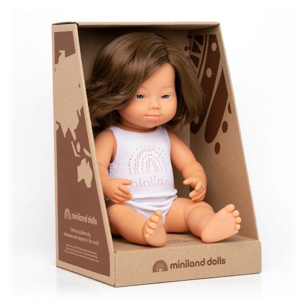 Miniland | 38cm Anatomically Correct Caucasian Brunette Doll with Down Syndrome - Boxed - Alex and Moo
