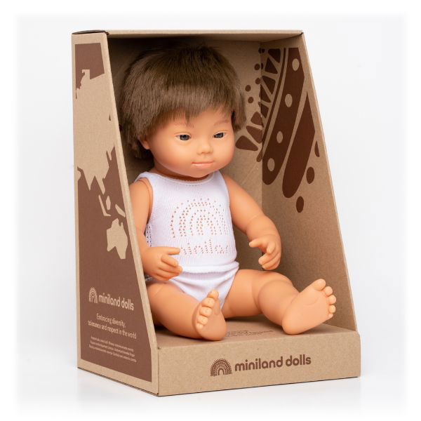 Miniland | 38cm Anatomically Correct Caucasian Brunette Doll with Down Syndrome - Boxed - Alex and Moo