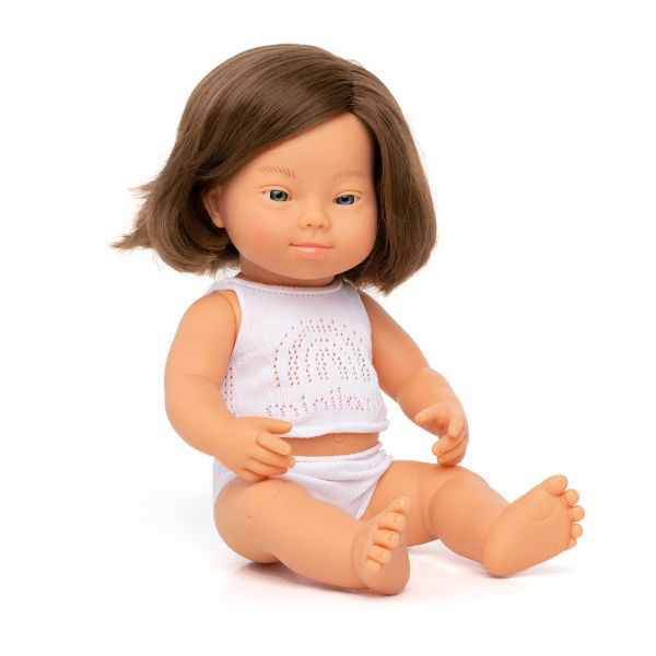 Miniland | 38cm Anatomically Correct Caucasian Brunette Doll with Down Syndrome - Boxed - Alex and Moo