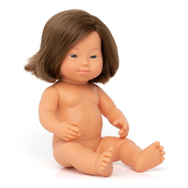 Miniland | 38cm Anatomically Correct Caucasian Brunette Doll with Down Syndrome - Boxed - Alex and Moo
