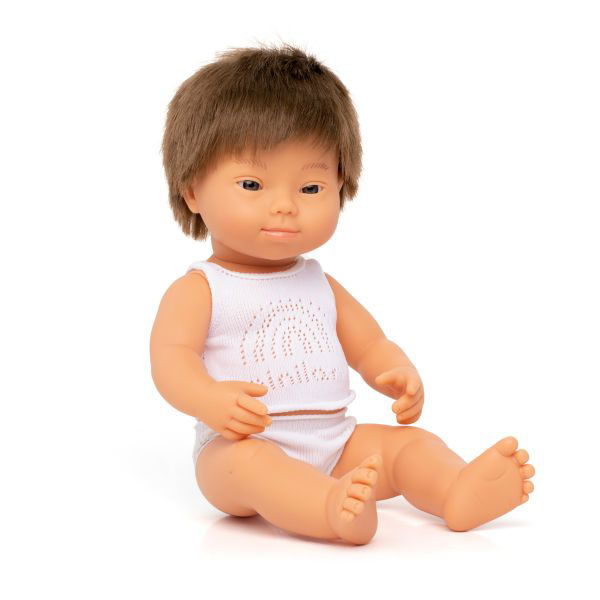 Miniland | 38cm Anatomically Correct Caucasian Brunette Doll with Down Syndrome - Boxed - Alex and Moo
