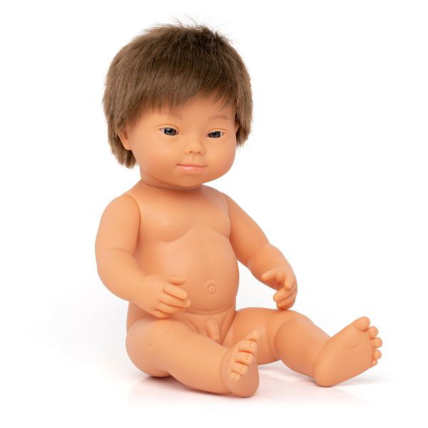 Miniland | 38cm Anatomically Correct Caucasian Brunette Doll with Down Syndrome - Boxed - Alex and Moo