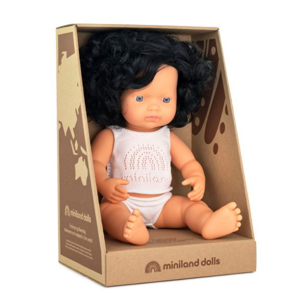 Miniland | 38cm Anatomically Correct Caucasian Doll with Black Hair - Boxed - Alex and Moo