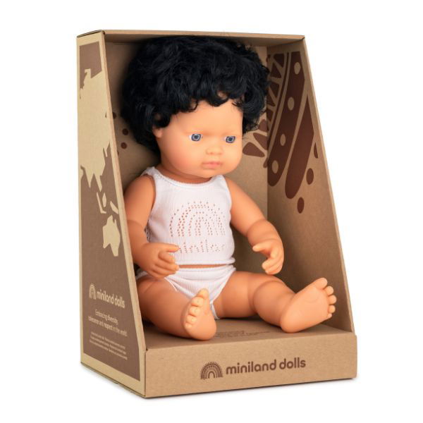 Miniland | 38cm Anatomically Correct Caucasian Doll with Black Hair - Boxed - Alex and Moo