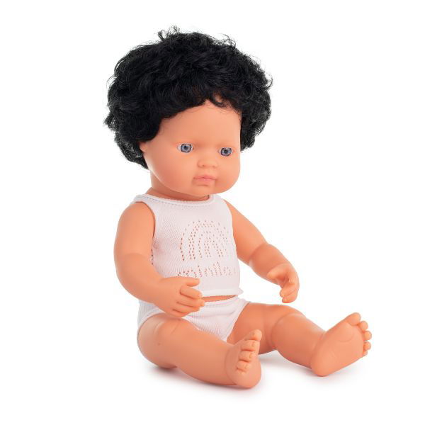 Miniland | 38cm Anatomically Correct Caucasian Doll with Black Hair - Boxed - Alex and Moo