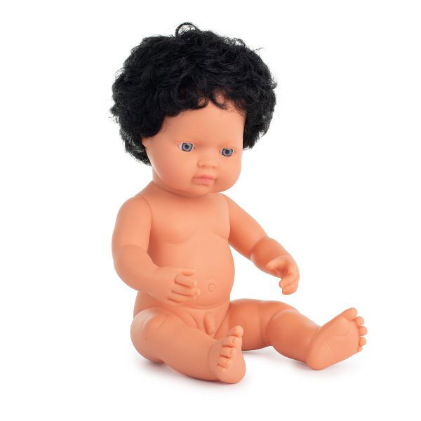 Miniland | 38cm Anatomically Correct Caucasian Doll with Black Hair - Boxed - Alex and Moo