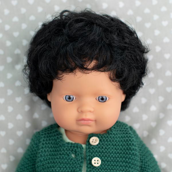 Miniland | 38cm Anatomically Correct Caucasian Doll with Black Hair - Boxed - Alex and Moo
