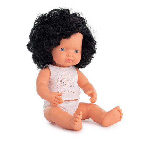 Miniland | 38cm Anatomically Correct Caucasian Doll with Black Hair - Boxed - Alex and Moo