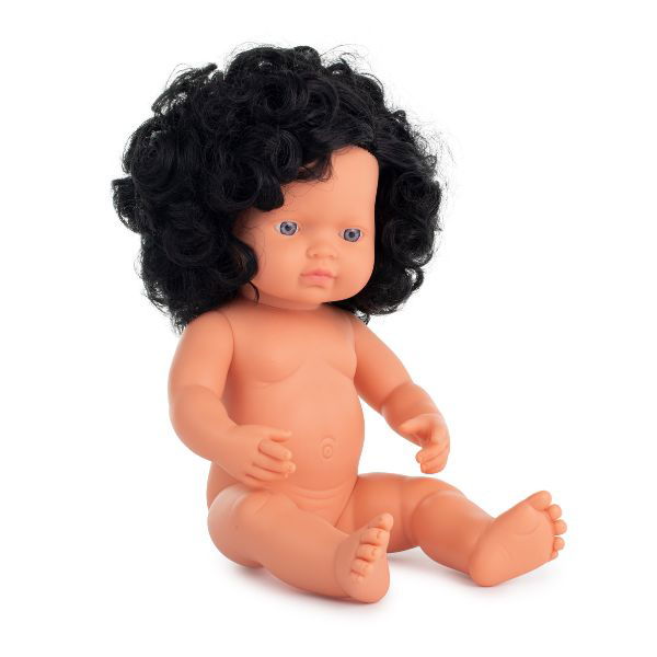 Miniland | 38cm Anatomically Correct Caucasian Doll with Black Hair - Boxed - Alex and Moo