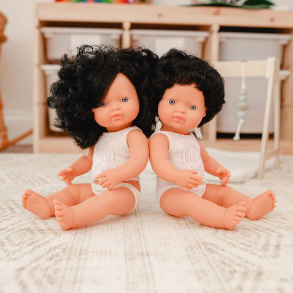 Miniland | 38cm Anatomically Correct Caucasian Doll with Black Hair - Boxed - Alex and Moo