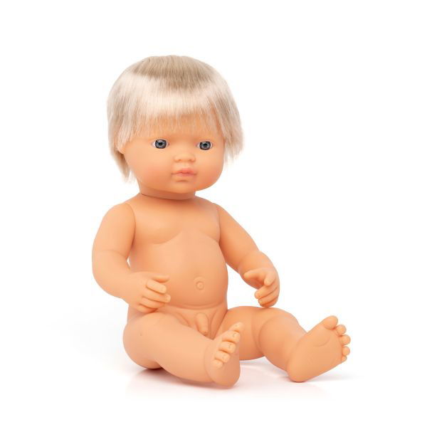 Miniland | 38cm Anatomically Correct Caucasian Doll with Blond Hair - Boxed - Alex and Moo