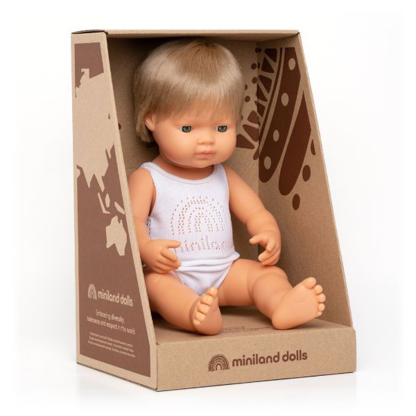 Miniland | 38cm Anatomically Correct Caucasian Doll with Dark Blond Hair - Boxed - Alex and Moo