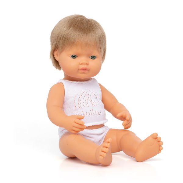 Miniland | 38cm Anatomically Correct Caucasian Doll with Dark Blond Hair - Boxed - Alex and Moo