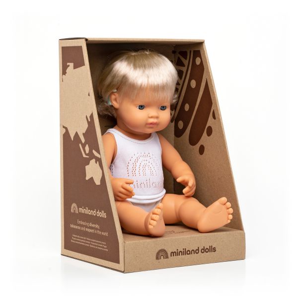 Miniland | 38cm Anatomically Correct Caucasian Girl Doll with Hearing Implant - Boxed - Alex and Moo