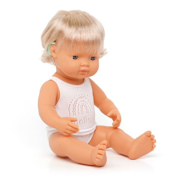 Miniland | 38cm Anatomically Correct Caucasian Girl Doll with Hearing Implant - Boxed - Alex and Moo