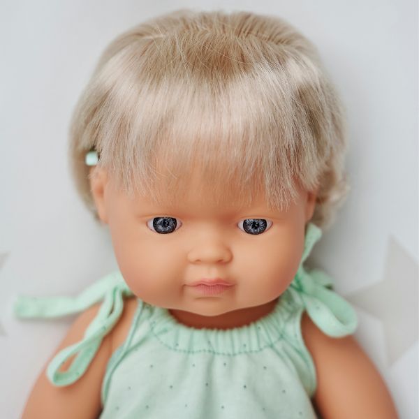 Miniland | 38cm Anatomically Correct Caucasian Girl Doll with Hearing Implant - Boxed - Alex and Moo