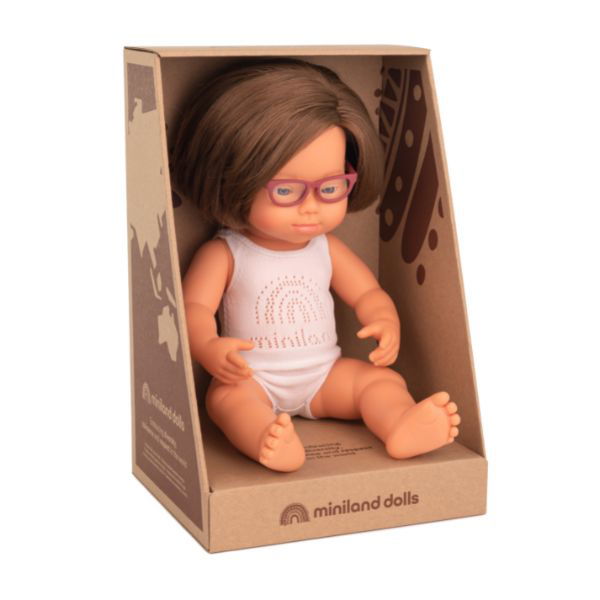 Miniland | 38cm Anatomically Correct Caucasian Girl with Down Syndrome & Glasses - Boxed - Alex and Moo