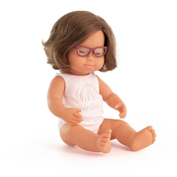 Miniland | 38cm Anatomically Correct Caucasian Girl with Down Syndrome & Glasses - Boxed - Alex and Moo
