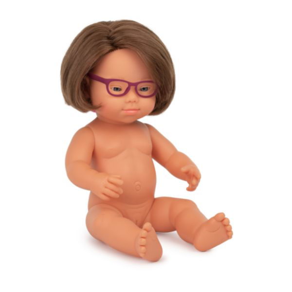 Miniland | 38cm Anatomically Correct Caucasian Girl with Down Syndrome & Glasses - Boxed - Alex and Moo