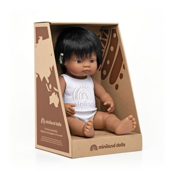 Miniland | 38cm Anatomically Correct Latin American Boy Doll with Hearing Implant - Boxed - Alex and Moo