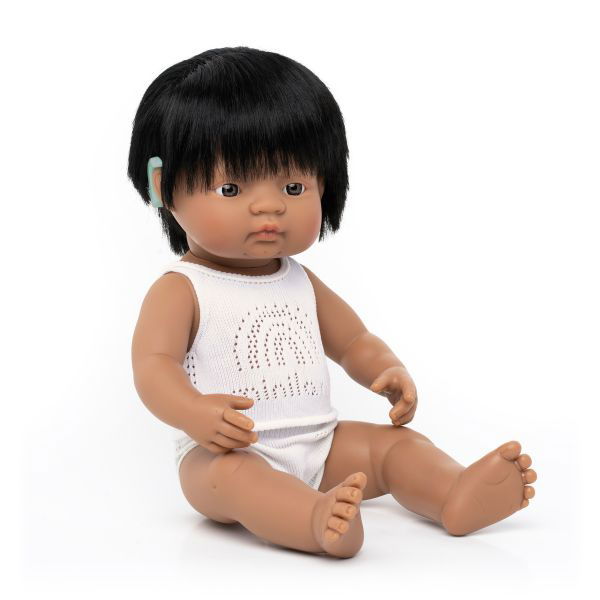 Miniland | 38cm Anatomically Correct Latin American Boy Doll with Hearing Implant - Boxed - Alex and Moo