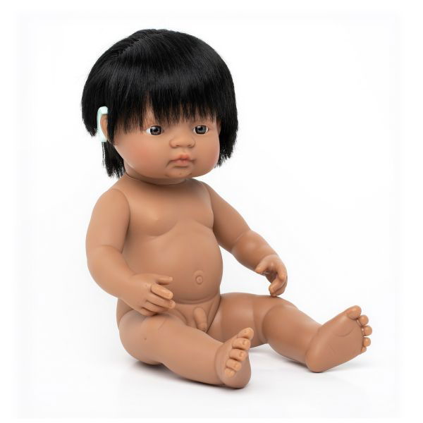 Miniland | 38cm Anatomically Correct Latin American Boy Doll with Hearing Implant - Boxed - Alex and Moo