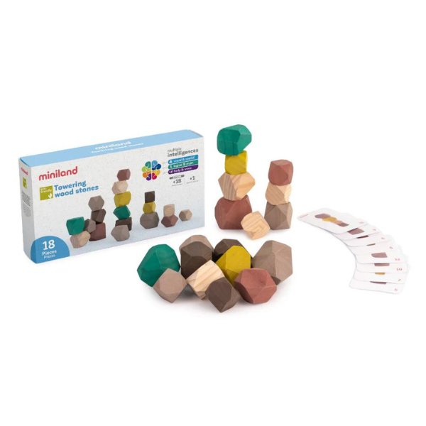 Miniland | Aptitude Eco Towering Wooden Stones, 18 pcs - Alex and Moo